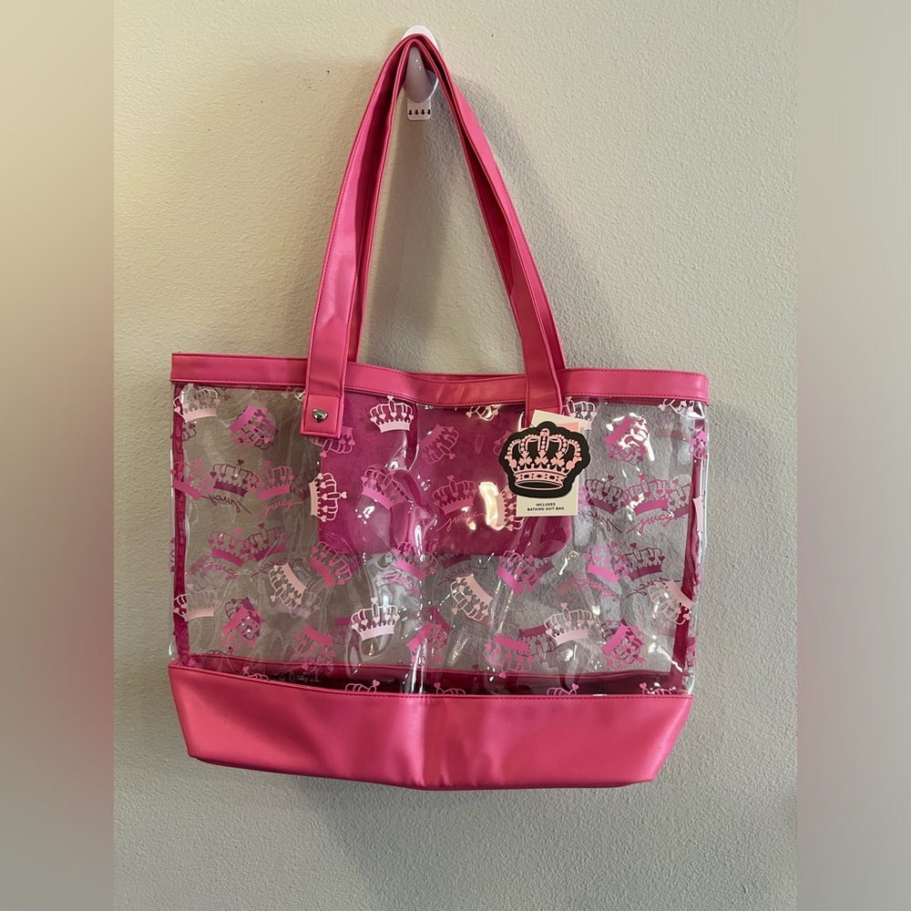 Juicy Couture Pink Beach Tote Bag – Clear Logo Design with Bathing Suit Pouch,